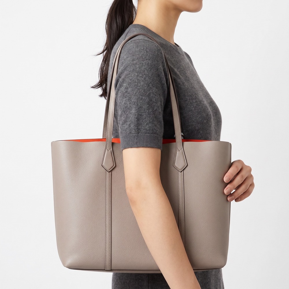 Tory Burch Tote Bag Womens Large Perry Triple-Compartment Taupe Leather Fair